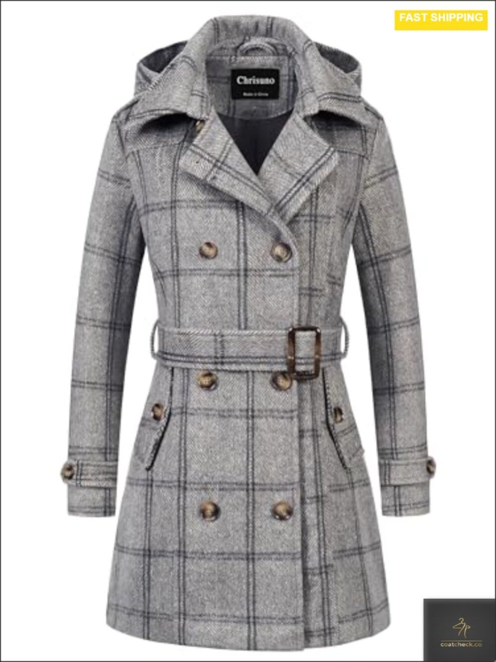 Women's Double Breasted Pea Coat Hooded Long Winter Trench Warm Wool Blend